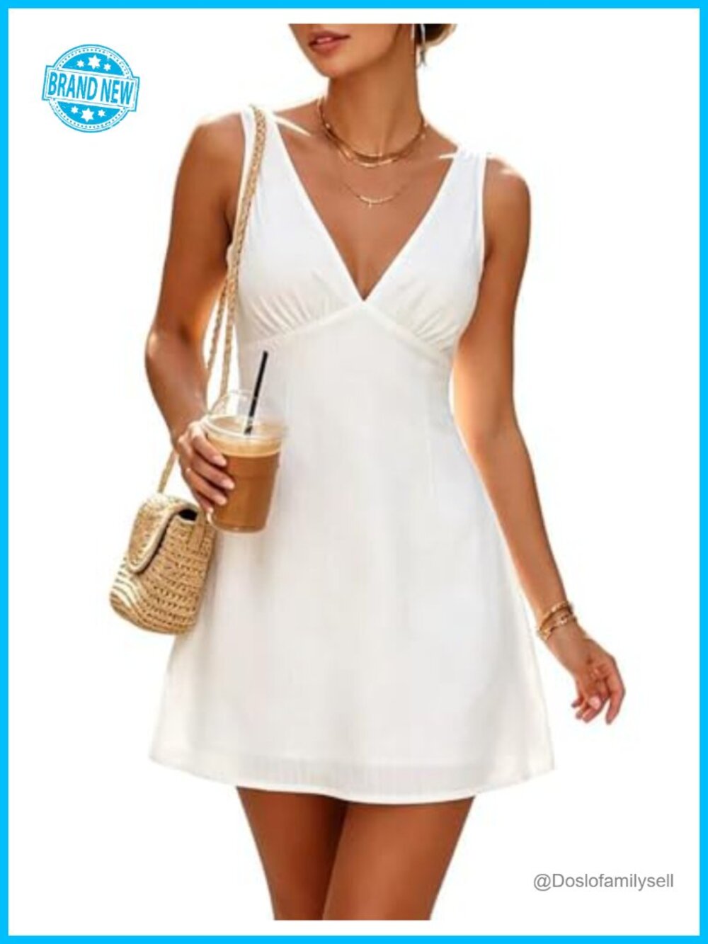 FOMELY Cotton V Neck Mini Dress Empire Waist Casual Summer Sundress